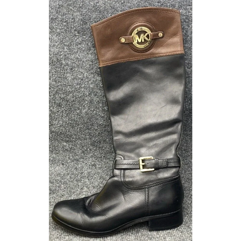 Michael Kors Two-Tone Leather Riding Boots Black Brown Gold MK Logo Size 8.5M